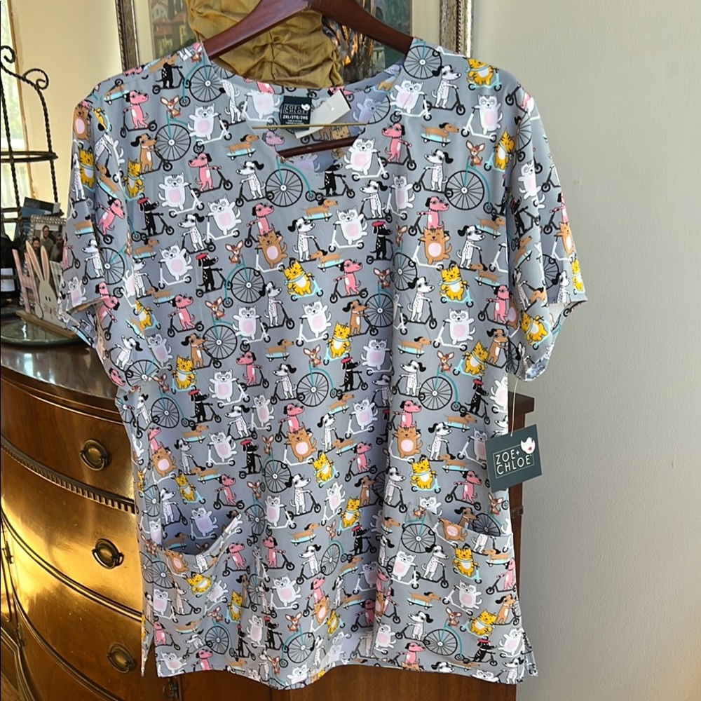 Gray Animal Print Scrub Top